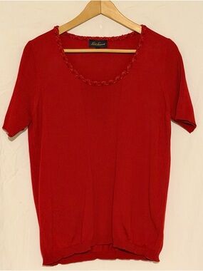 Luisa Spagnoli Red Short Sleeve Wool Knit Sweater Top Detailed Trim Scoop Neck